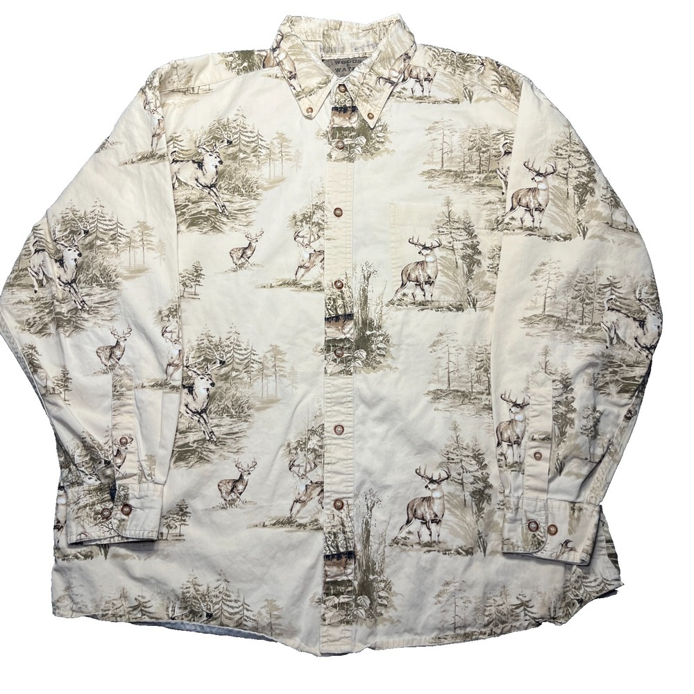Vintage Woods & Water Shirt Men's XL Button Down Deer AOP Hunting Nature Woods